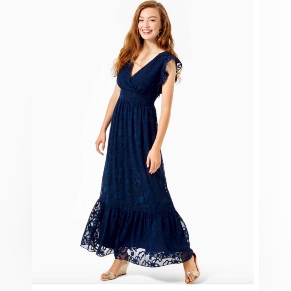 Lilly Pulitzer Autumn Midi Dress True Navy Ruffle 10